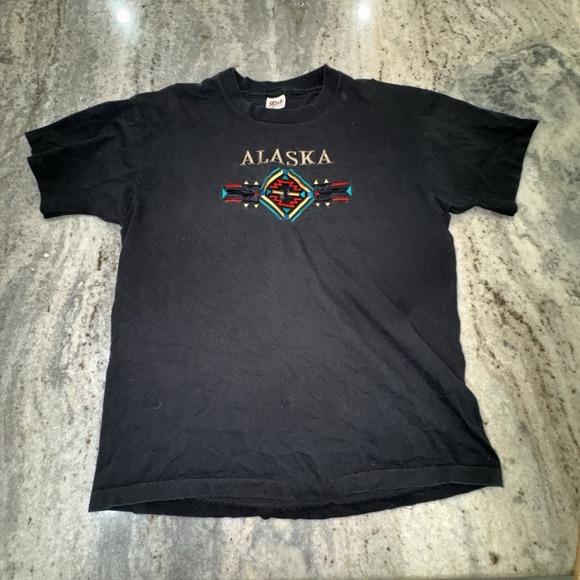 Anvil Other - Vintage Anvil Size XL T Shirt Black Embroidered ALASKA Aztec Single Stitch